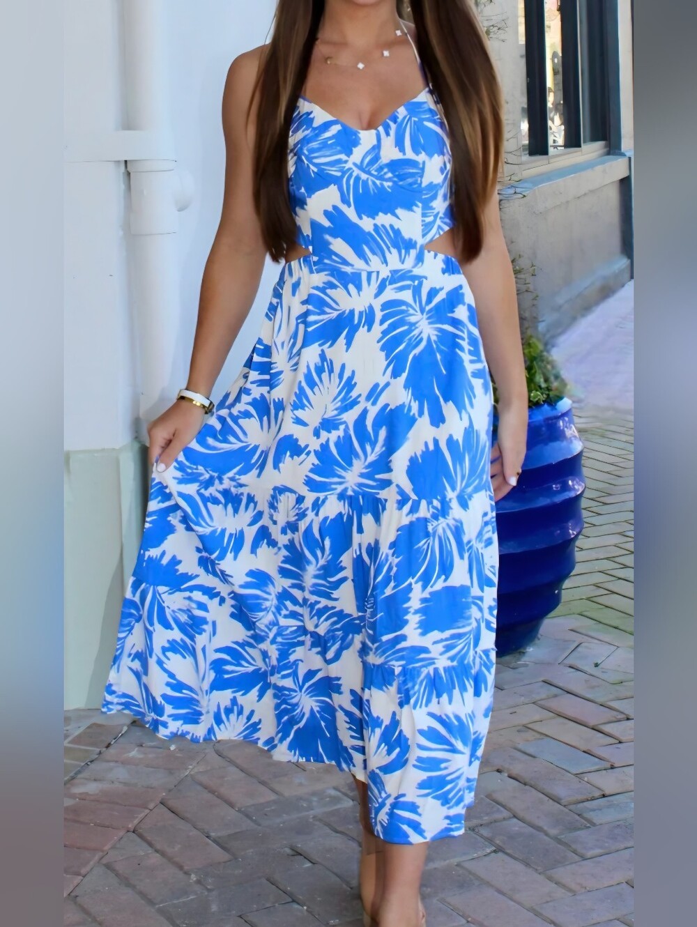 Aqua White and Blue Tropic-Print Midi Dress